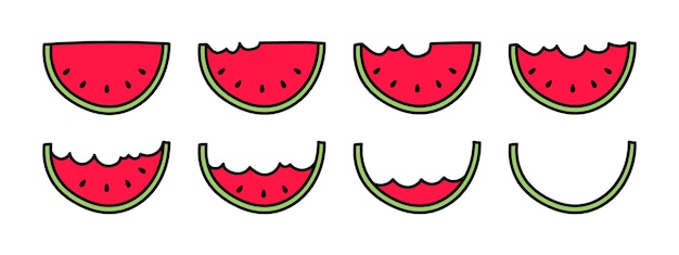 Doodles of watermelon slices set icons on the background vector illustration
