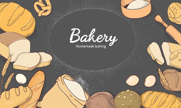 Vector doodlestyle poster with different varieties of bread on a dark background