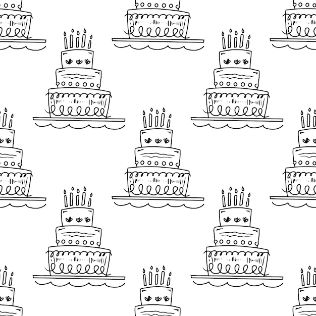 キャンドルと大きなケーキの落書き風シームレス パターンお祝いコンセプト手描きベクトル アウトライン スケッチ