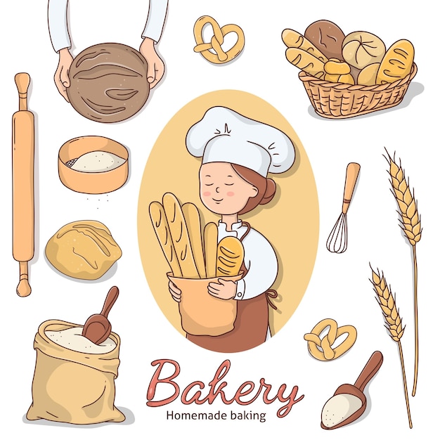 Vector doodlestyle set met een vrouwelijke bakker en diverse bakkerijproducten