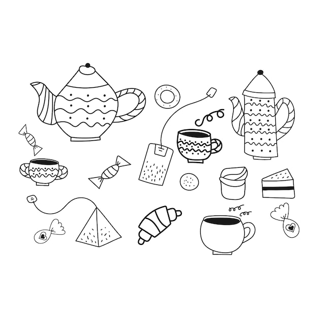 Doodlestyle tea set on white background