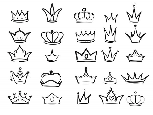 Doodling crown. Ink hand drawn symbols of king elegant imperial monarch vector ink art