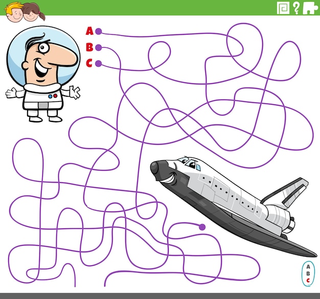 Doolhofspel met cartoon astronaut en spaceshuttle