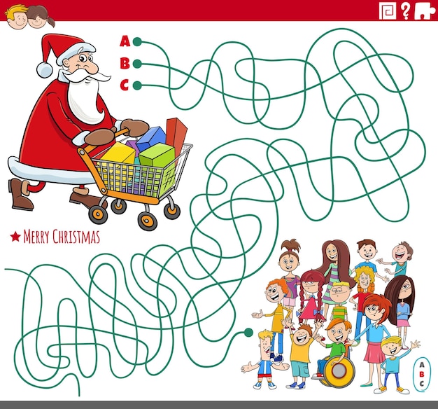 Doolhofspel met cartoon Kerstman met cadeaus en kinderen