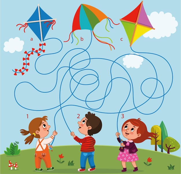Doolhofspel voor kinderen bevat een jongen, twee meisjes en vliegers in het landschap