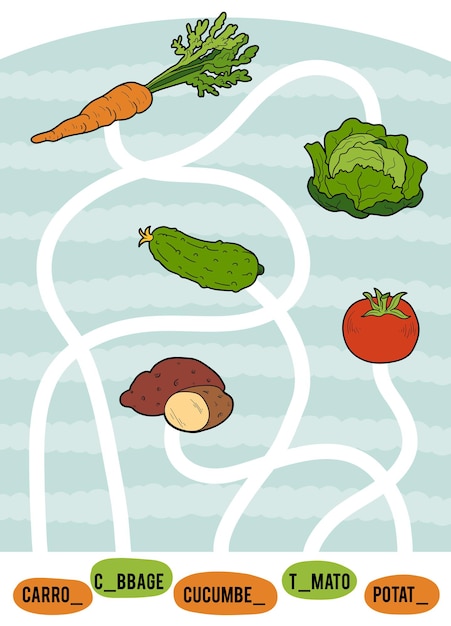 Doolhofspel voor kinderen Vind de weg van afbeelding naar titel en voeg ontbrekende letters toe Set groenten