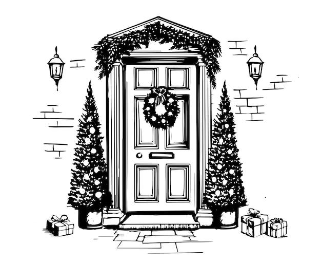 Door decoratie kerstkaart poster banner Vector handgetekende illustratie