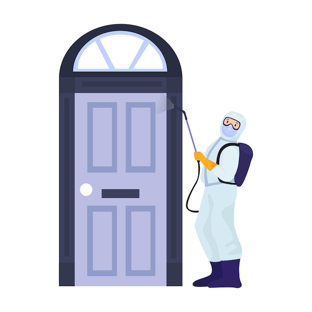 Door disinfection illustration in color cartoon style