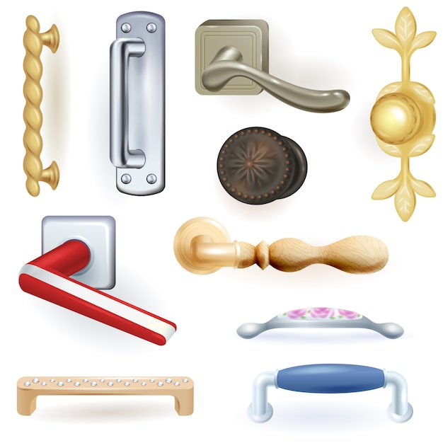 Door handle vector doorknob to lock doors at home and metal door-handle in house interior illustration set