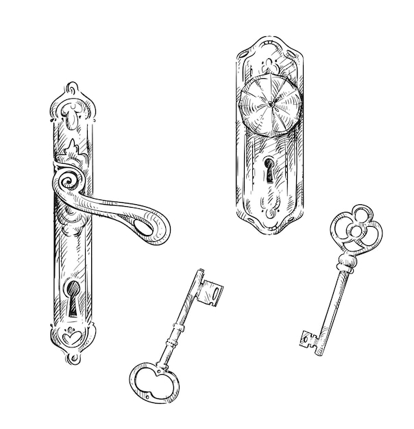 Vector door handles and keys, retro style