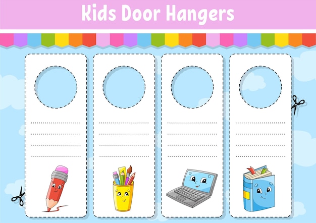 Door hangers cute cartoon characters sign printable kids style on doorknobs tag template back to school theme vector illustration