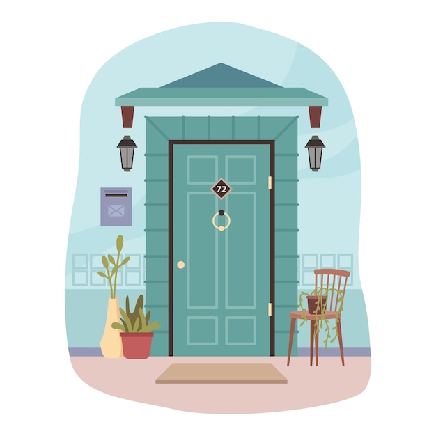 Vector door of house porch with chair and flowers