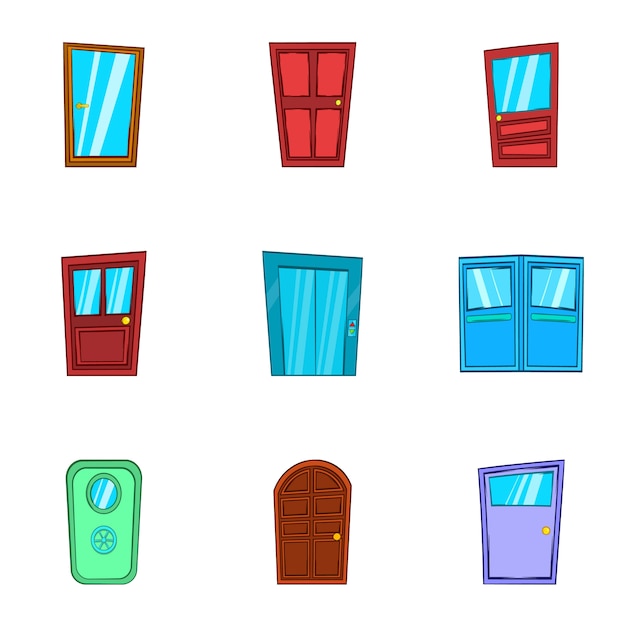 Door icons set, cartoon style