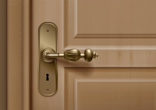 Door knobs handles realistic composition with closeup view of door with ornate handle and key hole