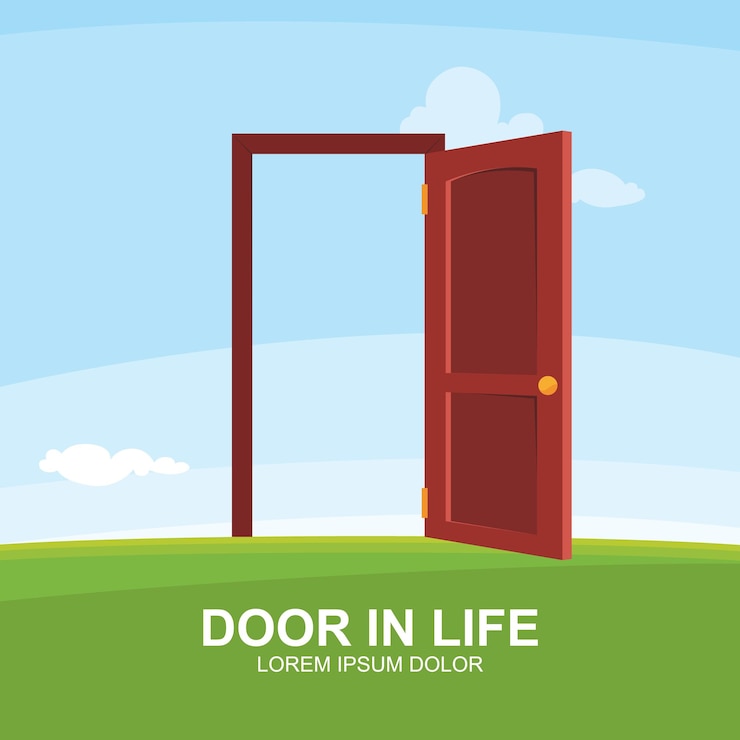 Vector door in life concept background with outdoor opening door on landscape vector illustration