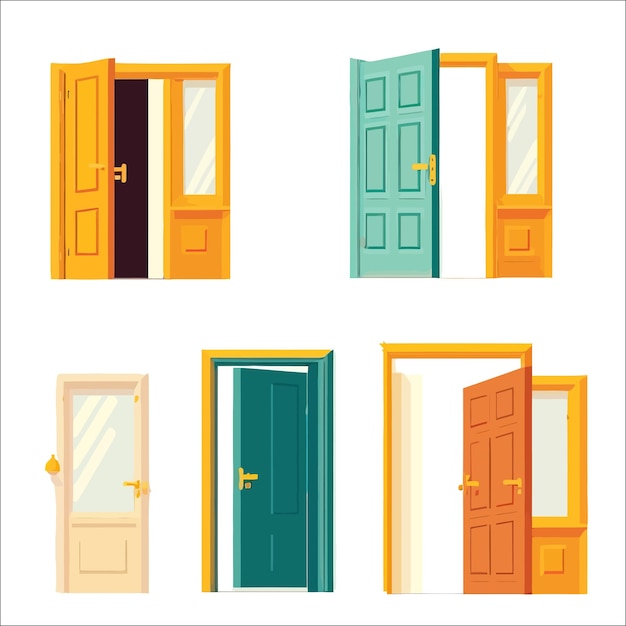 Vector door opening and closing set stages sequence for animation isolated on background vector illustration