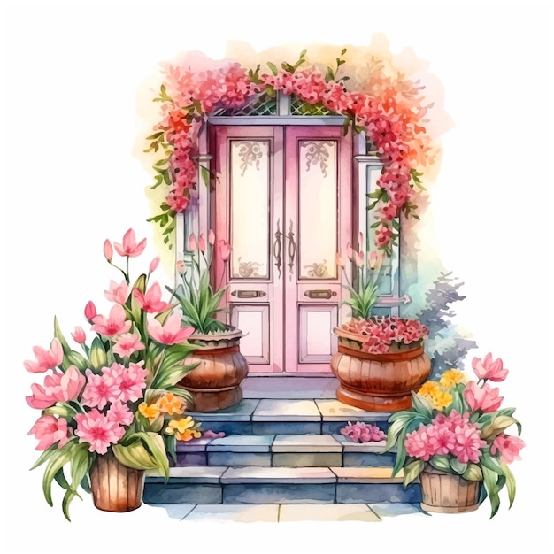 Vector door surrounded by flowers and vase in front of it watercolor paint