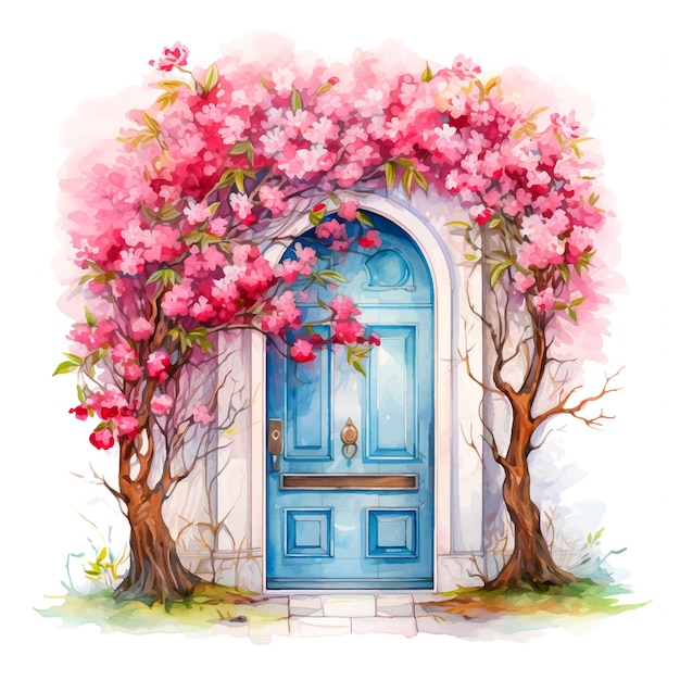 Vettore porta circondata da fiori acquerello vernice