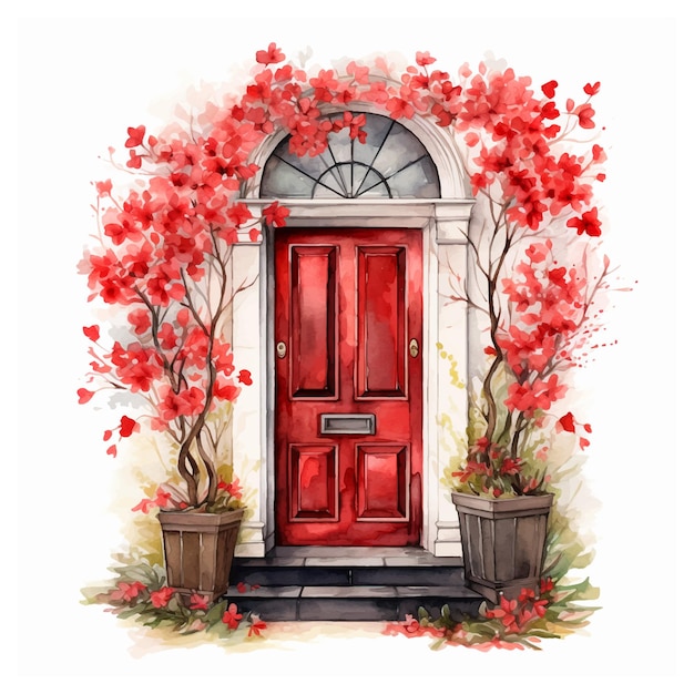 Vector door surrounded by red flowers watercolor paint