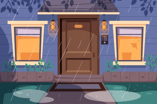 Vector door wall entrance house rainy street facade concept flat graphic design illustration