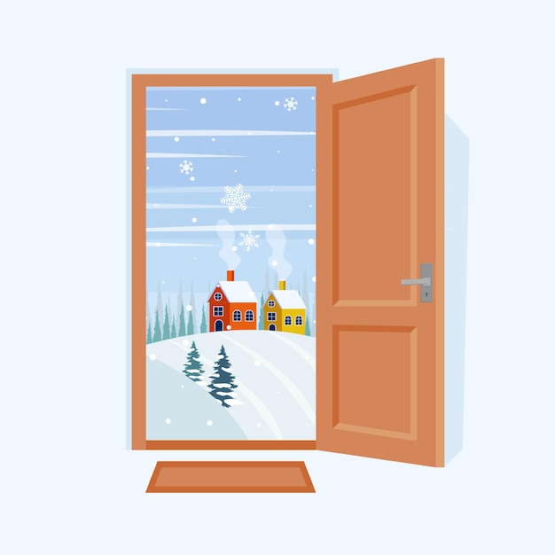 Door to a winter landscape. Flat cartoon style vector illustration. EPS 10