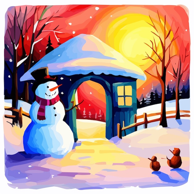 Door with lamp post snowman and christmas decoration in snowing winter scene landscape vector