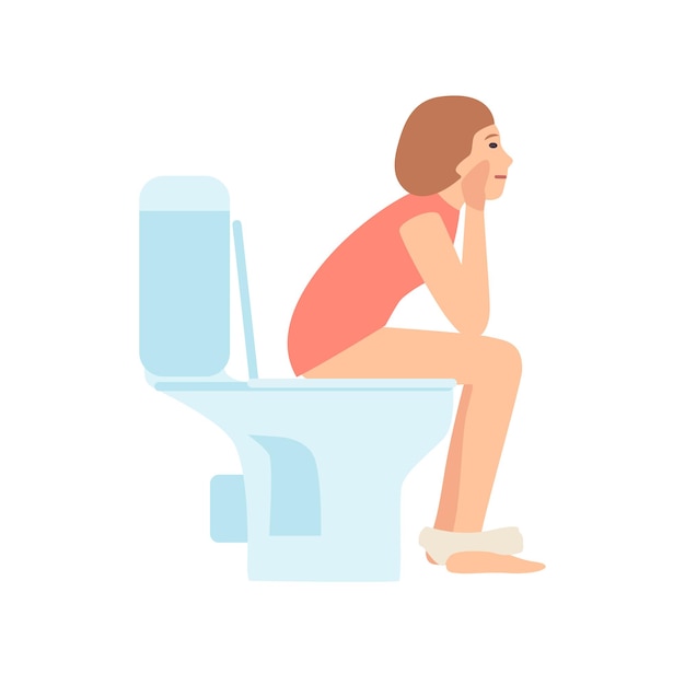 Doordachte jonge vrouw of meisje zittend op het toilet en poepen geïsoleerd op een witte achtergrond. Vrouwelijke platte stripfiguur tijd doorbrengen in WC, toilet of toilet. Kleurrijke vectorillustratie.