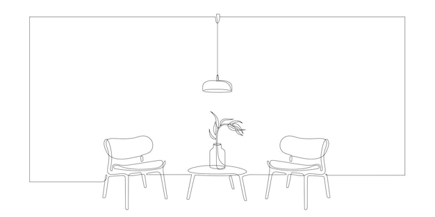 Vector doorlopend eenlijnig interieur met fauteuils tafellamp en plant enkele lijntekening van woonkamer vergaderruimte lounge met modern meubilair bewerkbare lijn handgetekende contour van binnenmeubilair