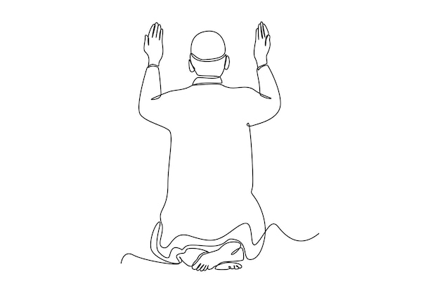 Doorlopende één lijntekening moslim man die handen opsteekt voor gebed Eid alFitr concept Enkele lijn tekenen ontwerp vector grafische illustratie
