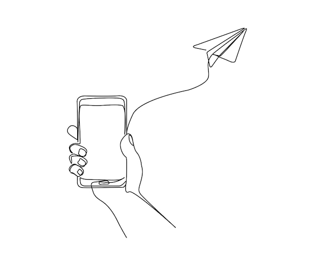 Doorlopende één lijntekening van hand met smartphone verbonden met papieren vliegtuig Mobiele telefoon en vliegtuig teken symbool vector illustratie