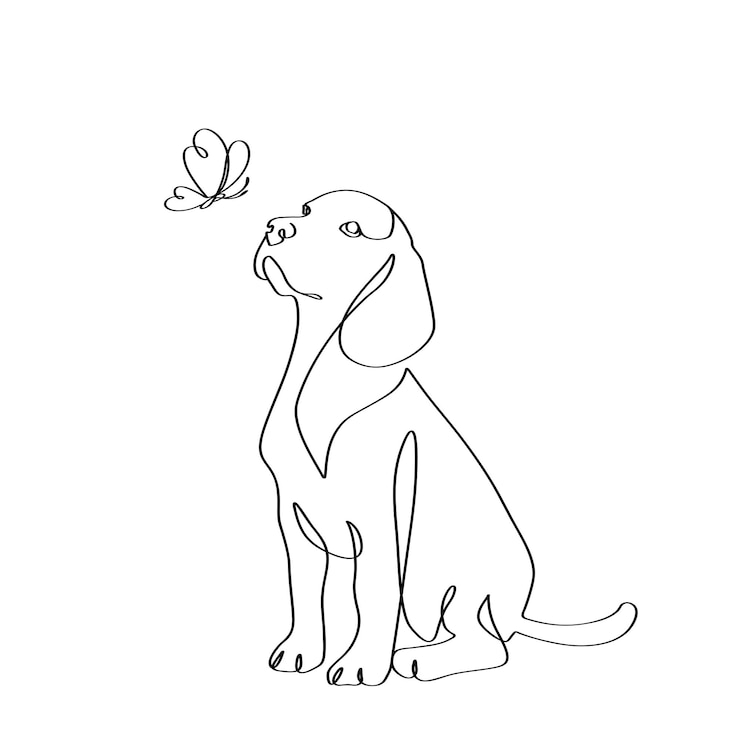 Vector doorlopende enkellijnige kunst van honden- en vlinderdierenportret, kijkend naar de hemel, denkend, elegante kunst
