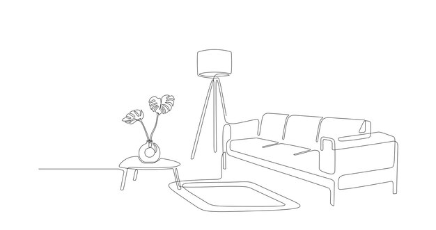 Vector doorlopende lijn interieur met bank plant en lamp een lijntekening van woonkamer met modern meubilair enkellijns meubilair hand tekenen contour bol bloem in pot bewerkbare lijn doodle vector