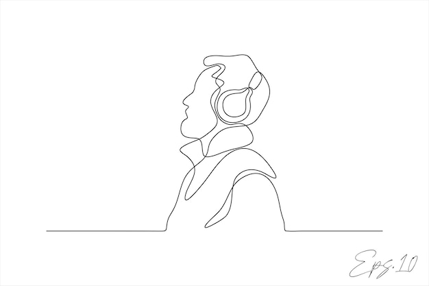 doorlopende lijn kunst vector illustratie van een jongen die naar muziek luistert met een headset