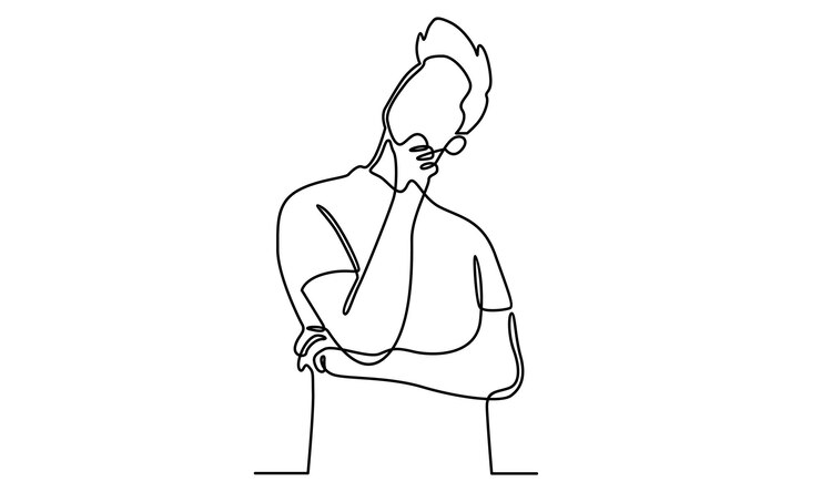 Doorlopende lijn van denkende man die wegkijkt illustratie