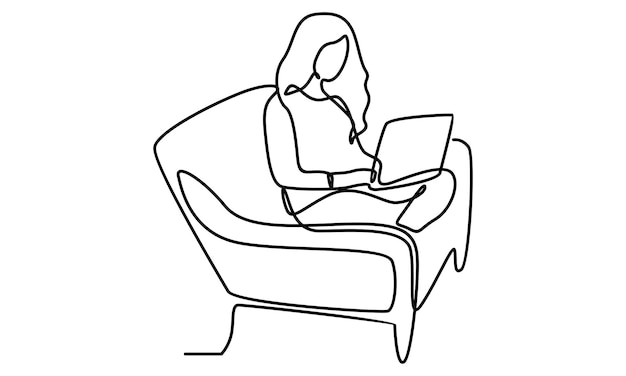 Doorlopende lijn van jonge vrouw zittend op een bank met laptopillustratie
