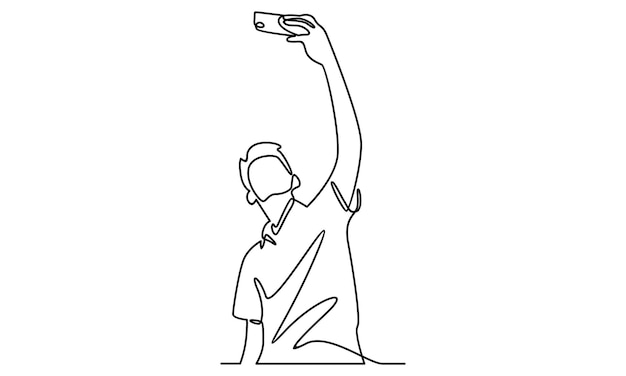 Doorlopende lijn van jongen maakt een selfie met telefoonillustratie