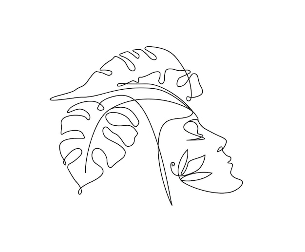 Doorlopende lijn van surrealistische gezichten tekening van abstracte gezichten en monstera blad vectorillustratie