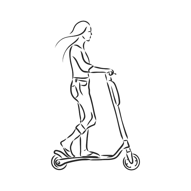 Doorlopende lijn vrouw rijdt op een elektrische scooter met opgeheven been
