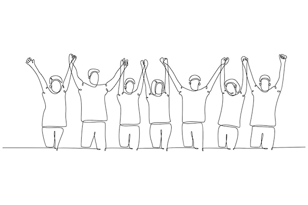 Doorlopende lijntekening een groep mensen hand in hand handen aan de orde gesteld lijntekening vector illustrat