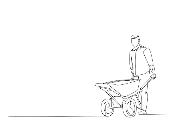 Doorlopende lijntekening kunst van arbeider die met kruiwagen loopt
