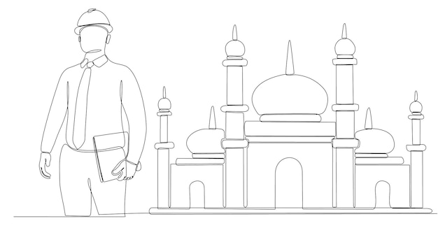 doorlopende lijntekening mannelijke architect die moskee maakt