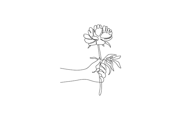 Vector doorlopende lijntekening van een hand die een mooie bloem vectorillustratie houdt premium vector