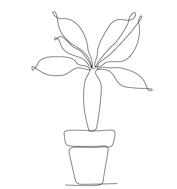 Vector doorlopende lijntekening van een jong boompje in een vectorillustratie van een bladpot