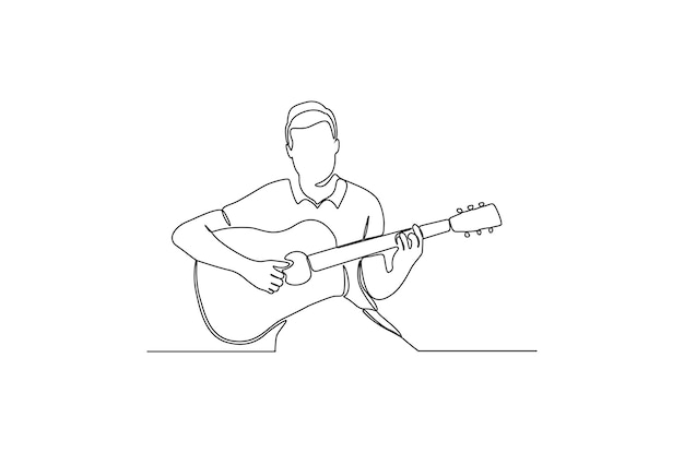 Doorlopende lijntekening van een man die een lied speelt met de gitaar vectorillustratie Premium Vector