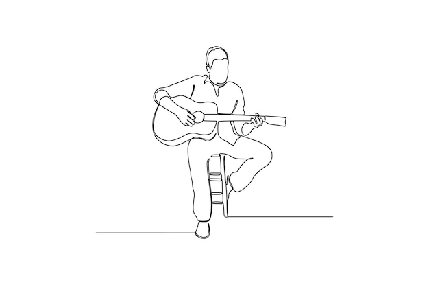 Doorlopende lijntekening van een man die een lied speelt met de gitaar vectorillustratie premium vector