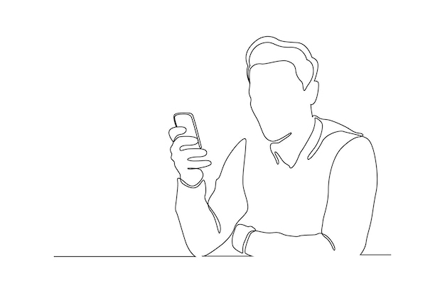 Doorlopende lijntekening van een man die op een mobiele telefoon vectorillustratie kijkt Premium Vector