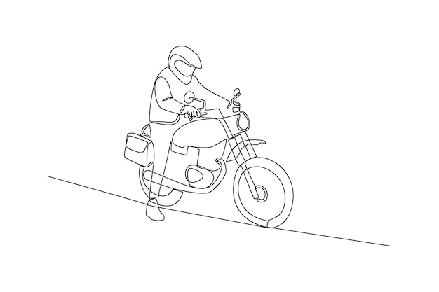 Doorlopende lijntekening van een man die op tournee is met een klassieke motorfiets Beste gebruik voor sticker bewerkbare icoon Eenvoudige lijn