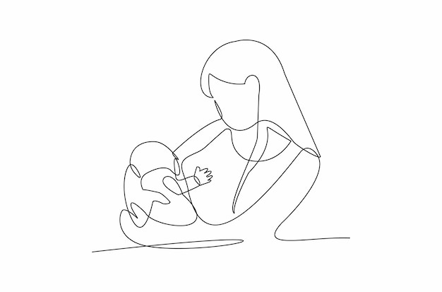 Doorlopende lijntekening van een moeder die haar baby vectorillustratie borstvoeding geeft premium vector