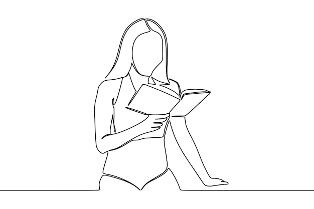 doorlopende lijntekening van een mooie jonge vrouw die een boek leest in het zwembad van hotel en resort