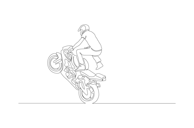 Vector doorlopende lijntekening van een moto freestyle-rijder die vaardigheidsillustratievector toont premium vector